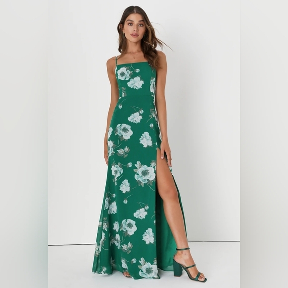 Lulus Feeling Elegant Green Floral Print Lace-Up Slit Maxi Dress S Wedding Party - Picture 2 of 11